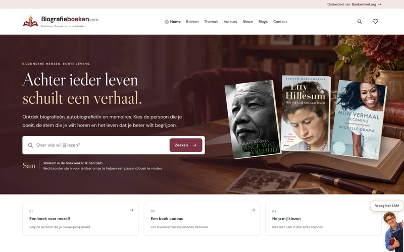 Screenshot van de homepage van Biografieboeken.com