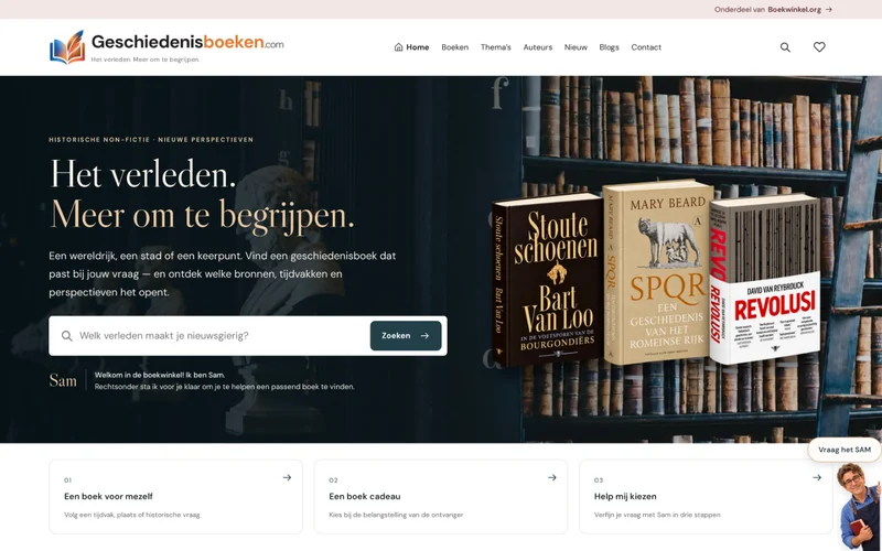 Screenshot van de homepage van Geschiedenisboeken.com