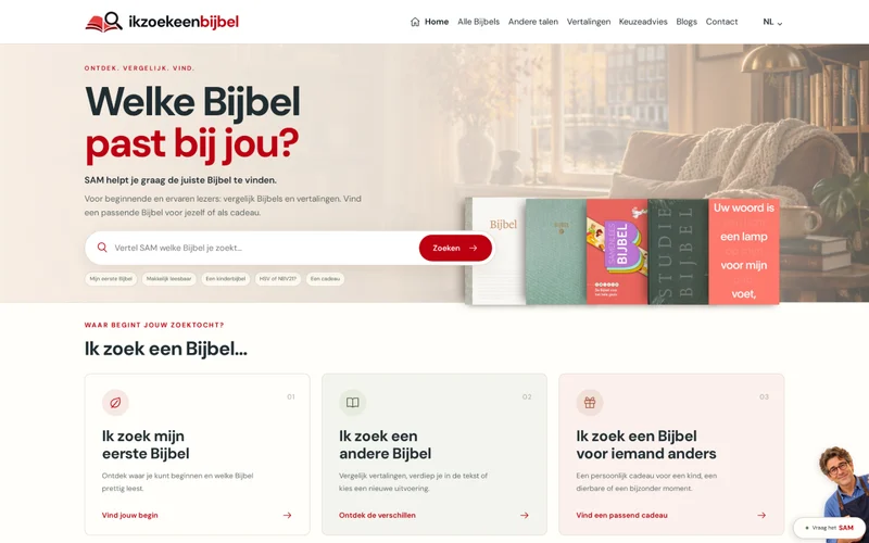 Screenshot van de homepage van Ik Zoek Een Bijbel.nl