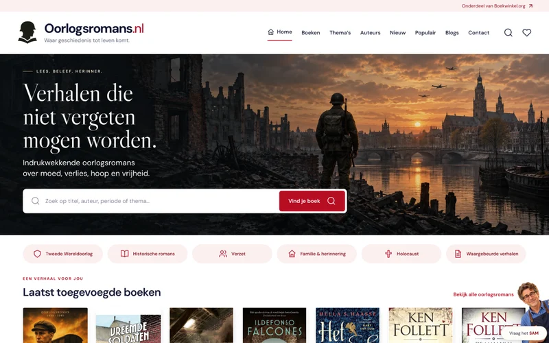 Screenshot van de homepage van Oorlogsromans.nl