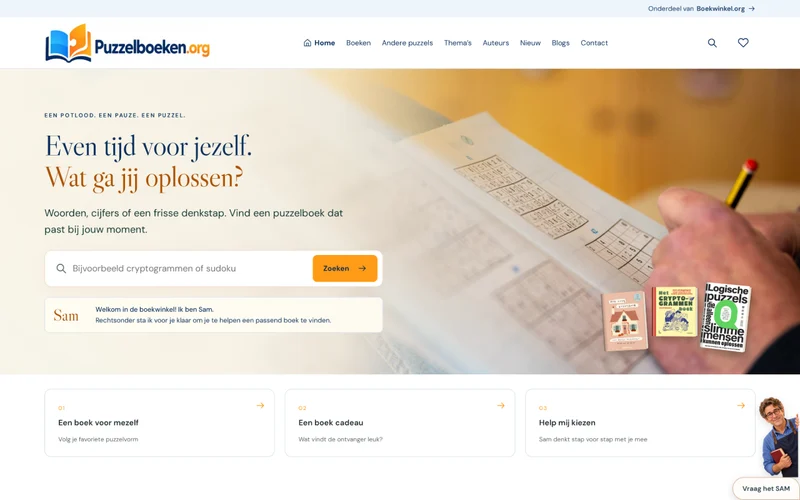 Screenshot van de homepage van Puzzelboeken.org