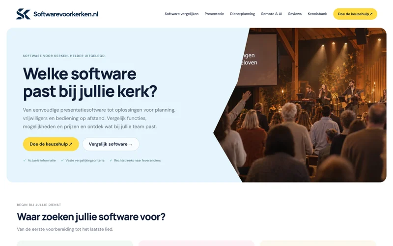 Screenshot van de homepage van Softwarevoorkerken.nl