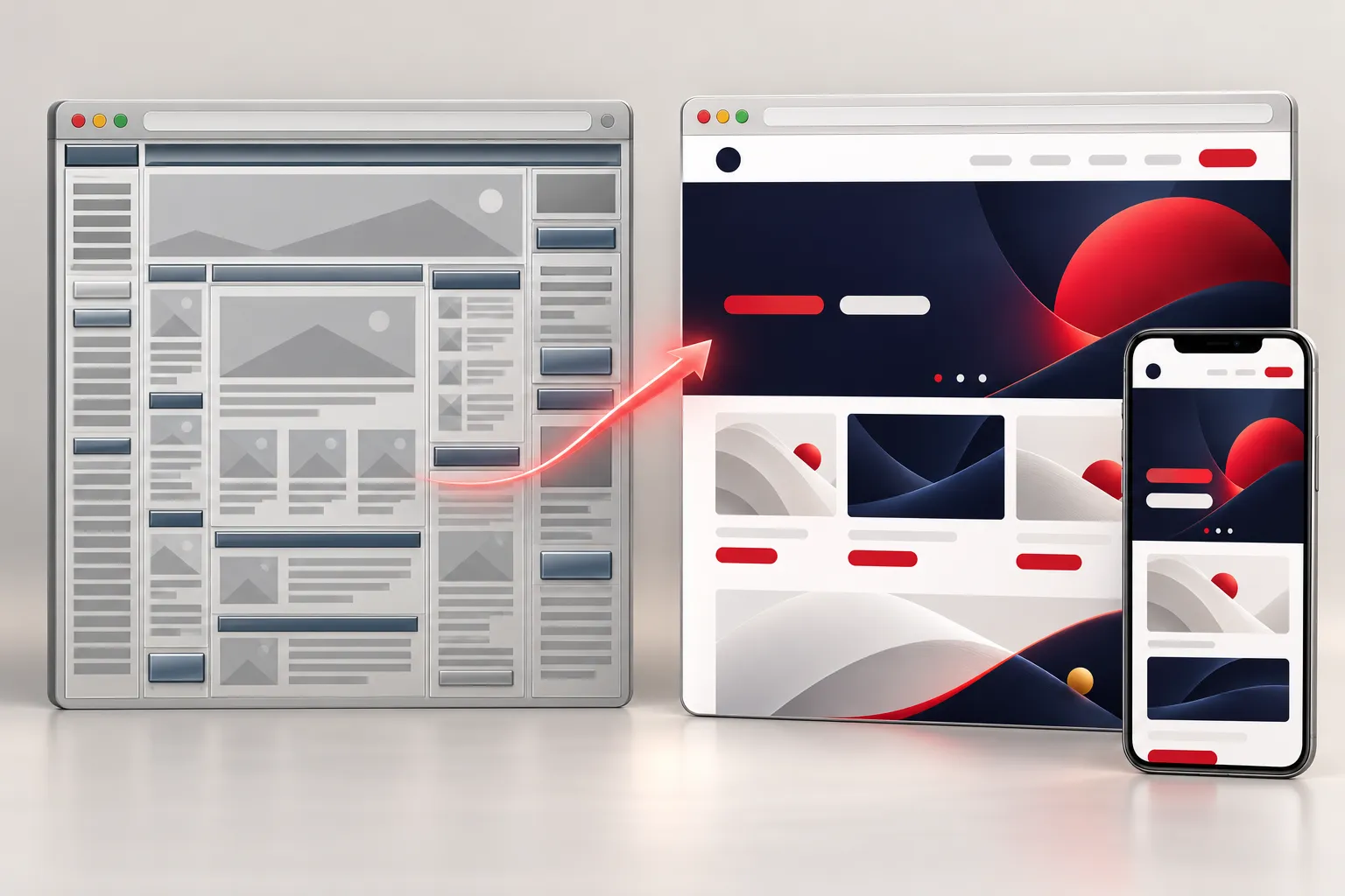 Voor en na: links een verouderde, rommelige website, rechts dezelfde website vernieuwd in een moderne vormgeving op desktop en mobiel